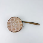 Chanel CC Logo Round Pouch Wristlet New Travel Canvas Leather Beige Vintage