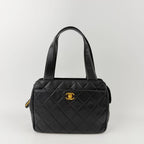 Chanel Quilted CC Logo Turnlock Shoulder Bag Leather Black Gold Vintage