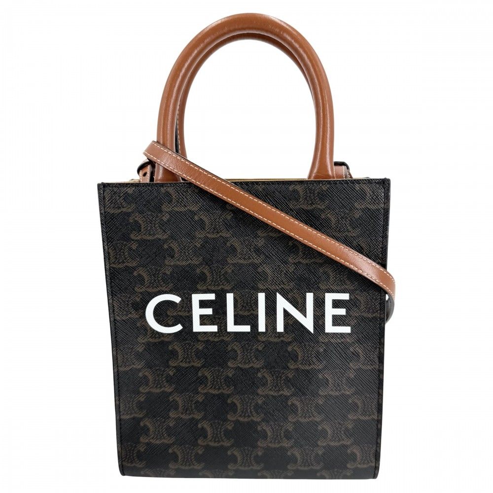 Celine 2-Way Mini Vertical Cover Shoulder Bag Crossbody Logo Tan Leather Brown