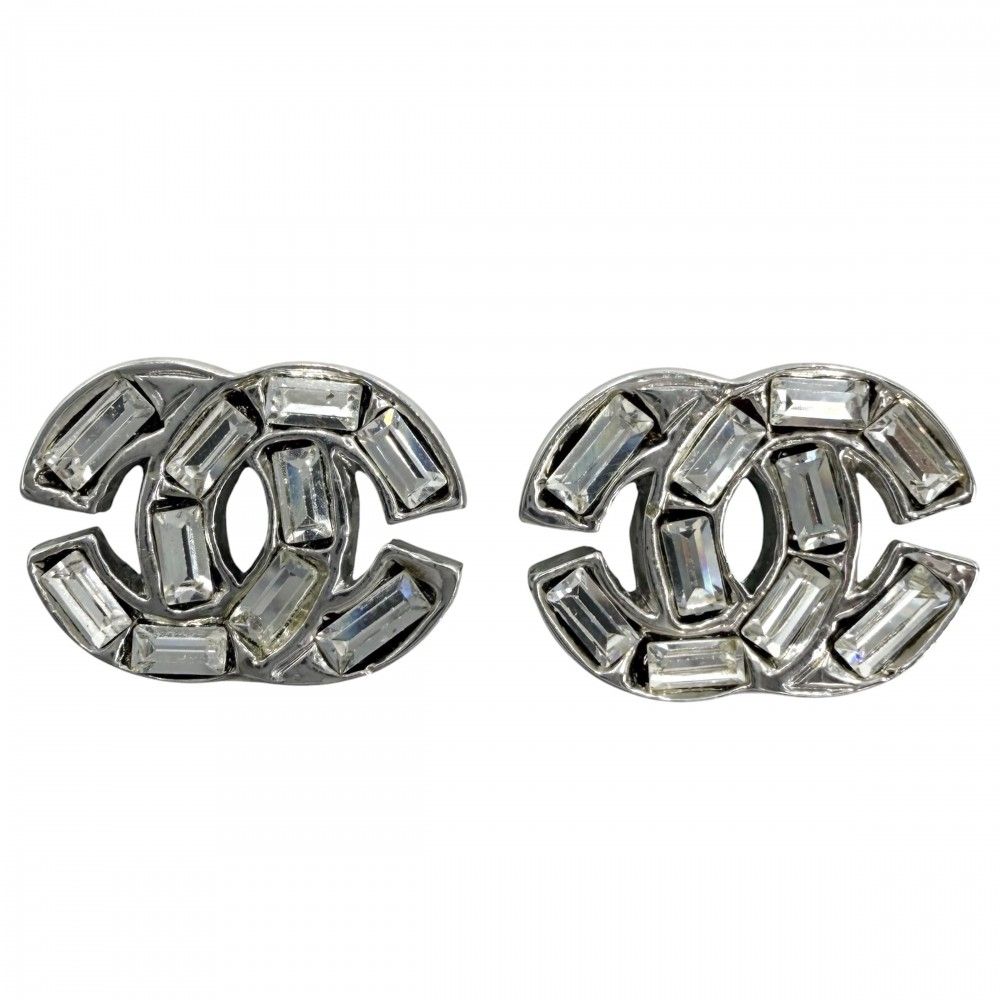 Chanel Earrings CC Logo Rhinestone Silver