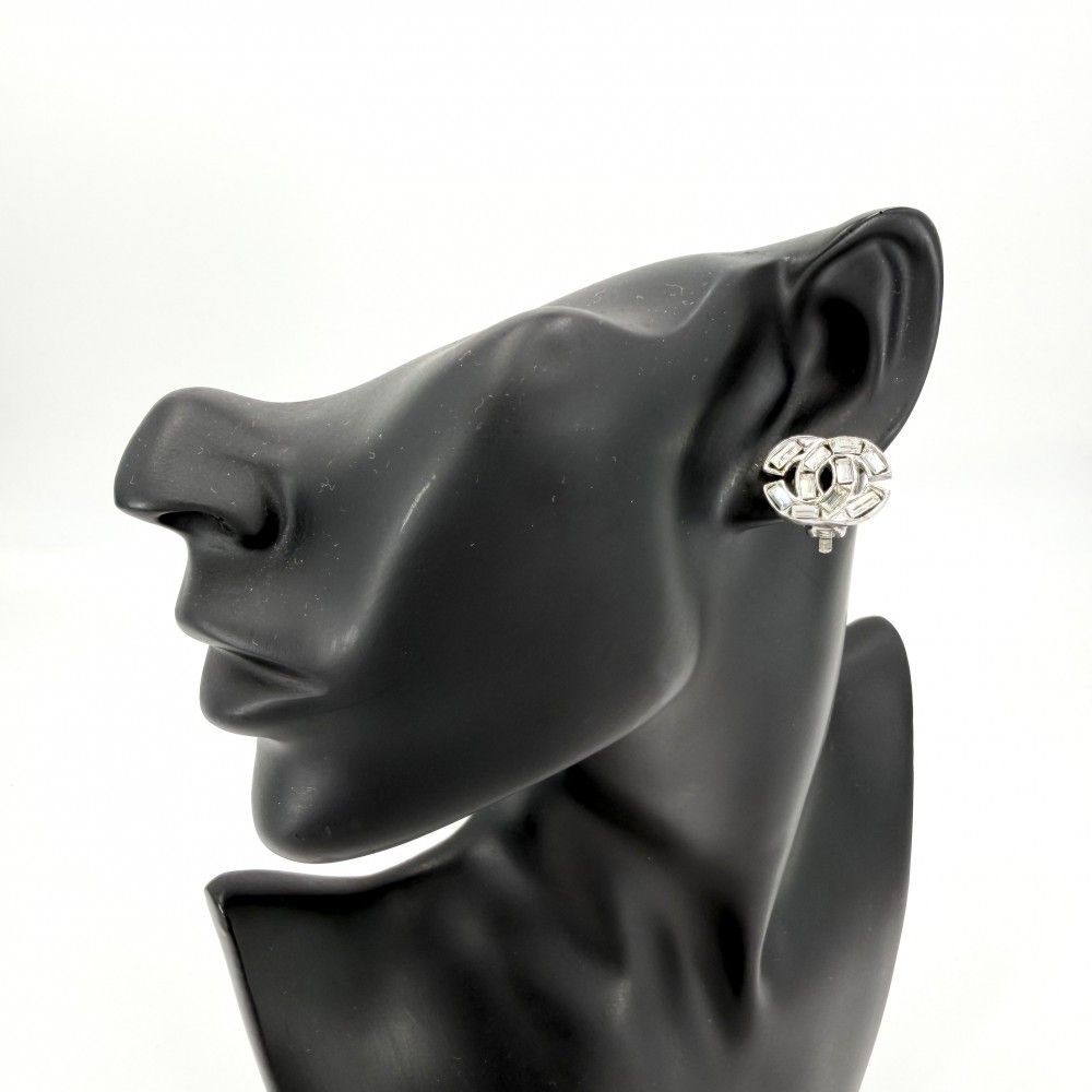 Chanel Earrings CC Logo Rhinestone Silver — view 2
