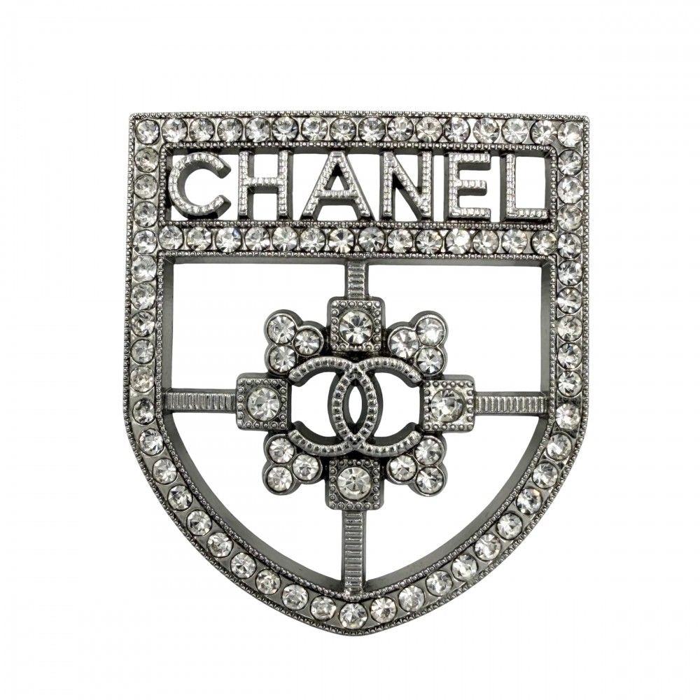 Chanel Brooch Emblem CC Logo Rhinestone 21k Silver