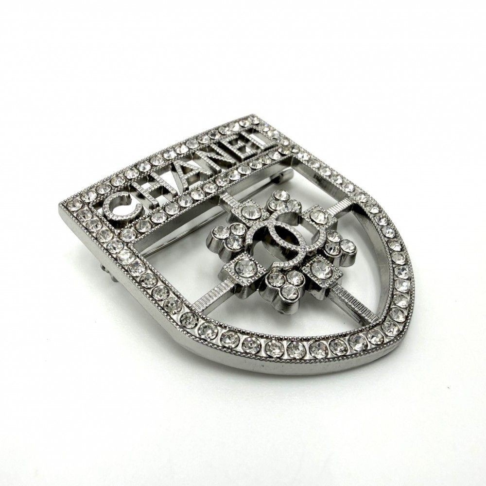 Chanel Brooch Emblem CC Logo Rhinestone 21k Silver — view 3