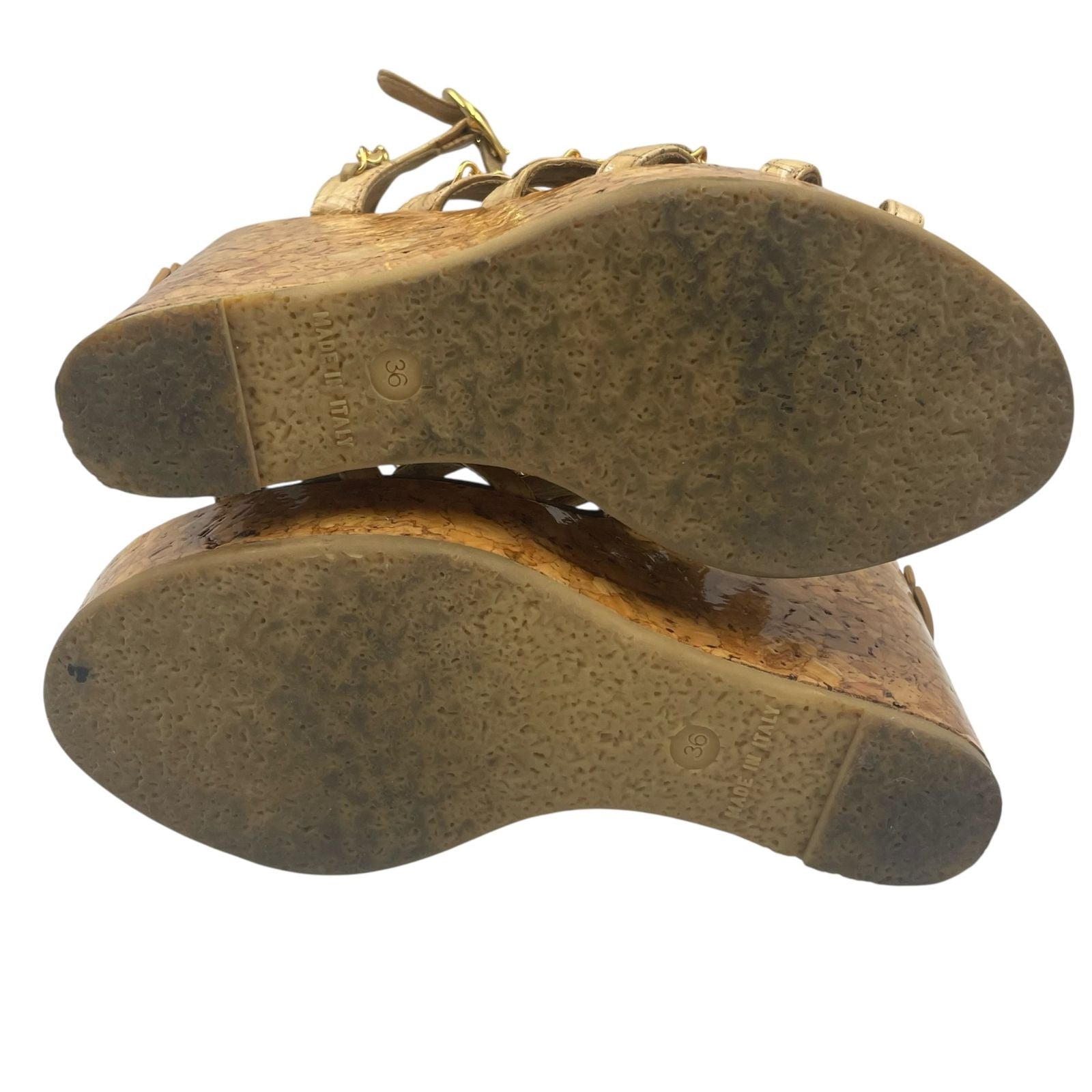 Chanel Sandals Leather Patent Cork CC Logo Thick Sole Chain Wedge Beige — view 9