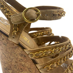 Chanel Sandals Leather Patent Cork CC Logo Thick Sole Chain Wedge Beige — view 7