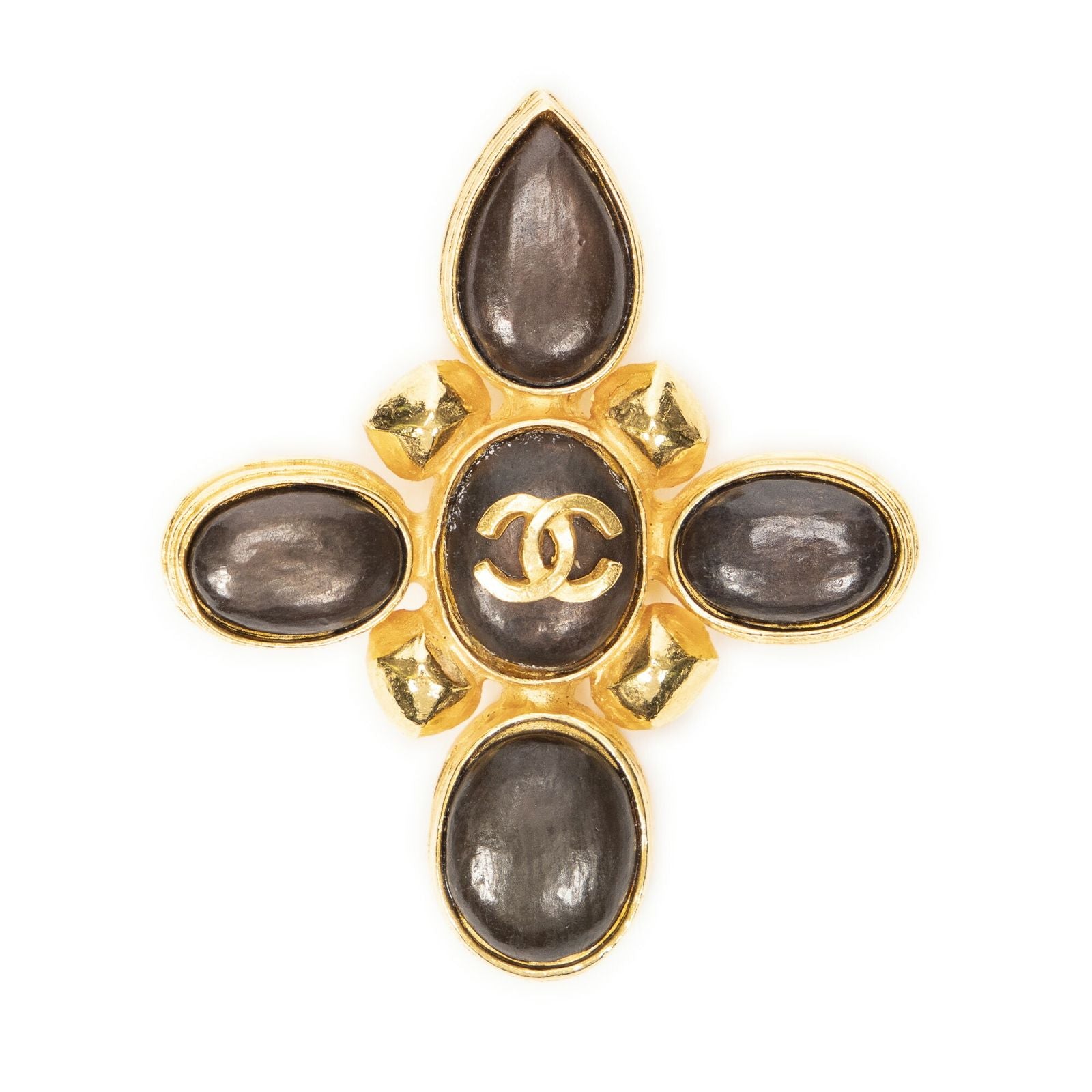 Chanel CC Stone Cross Brooch Gold Brown Plated — view 7