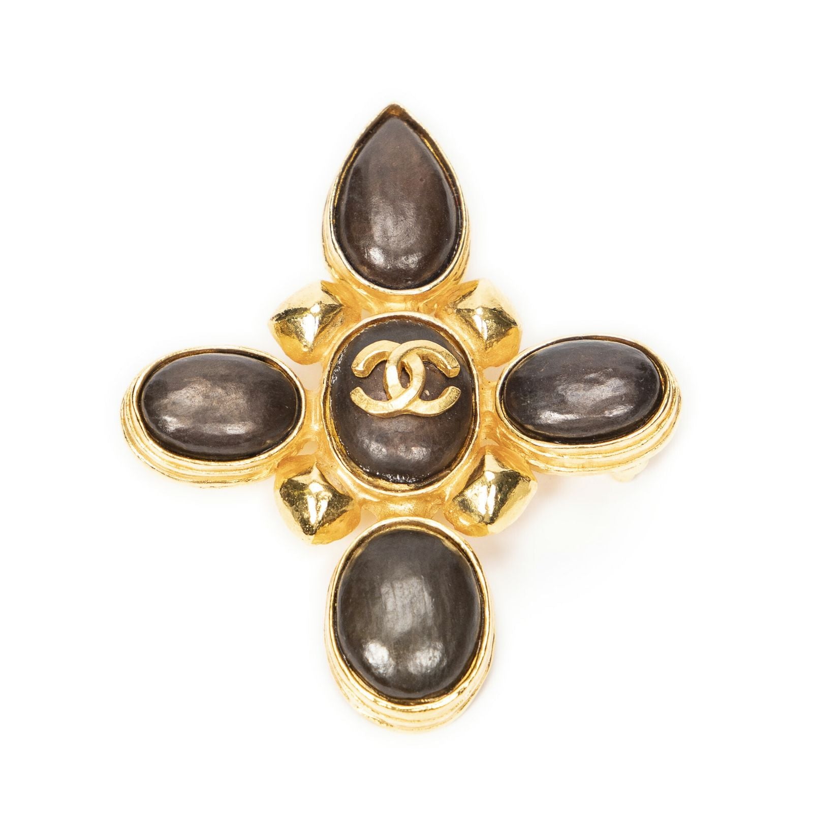 Chanel CC Stone Cross Brooch Gold Brown Plated — view 6