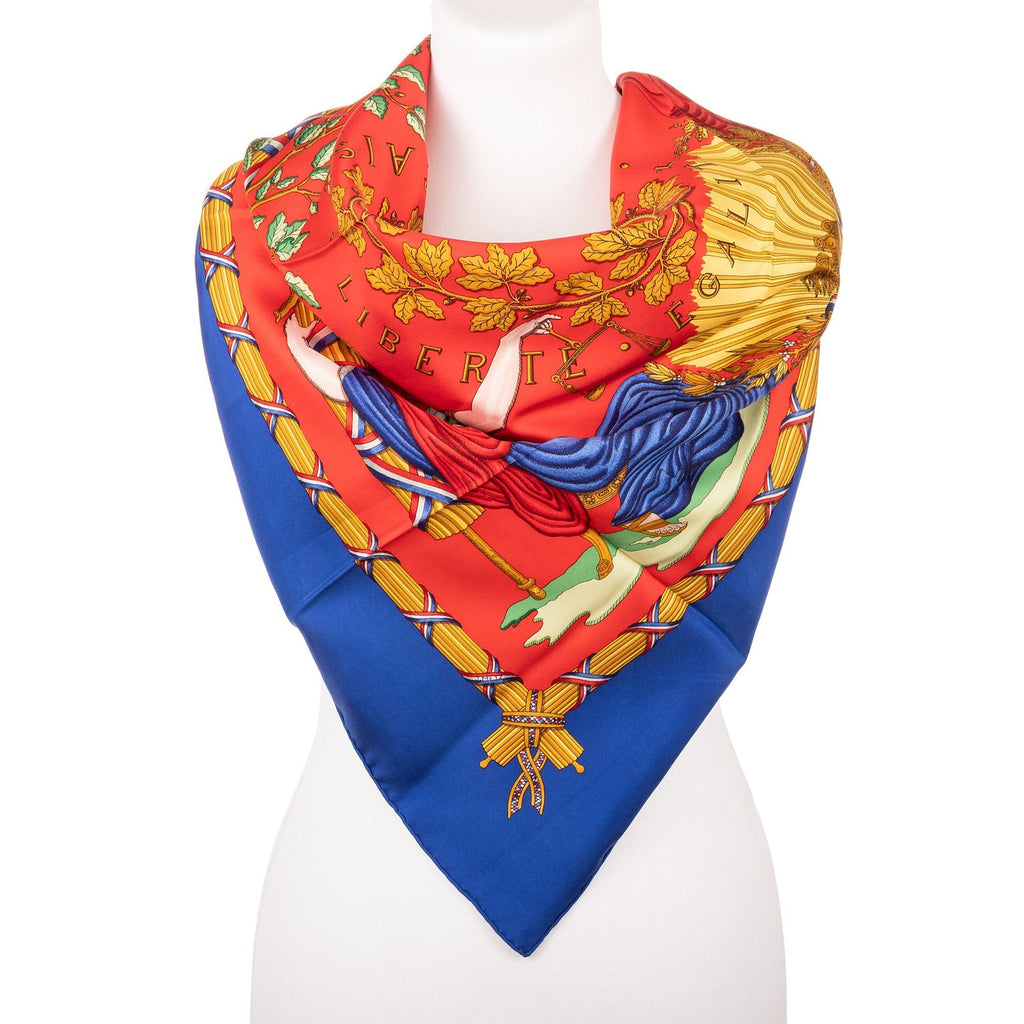 Hermes Scarf Blue Red 100% Gold Twill Silk