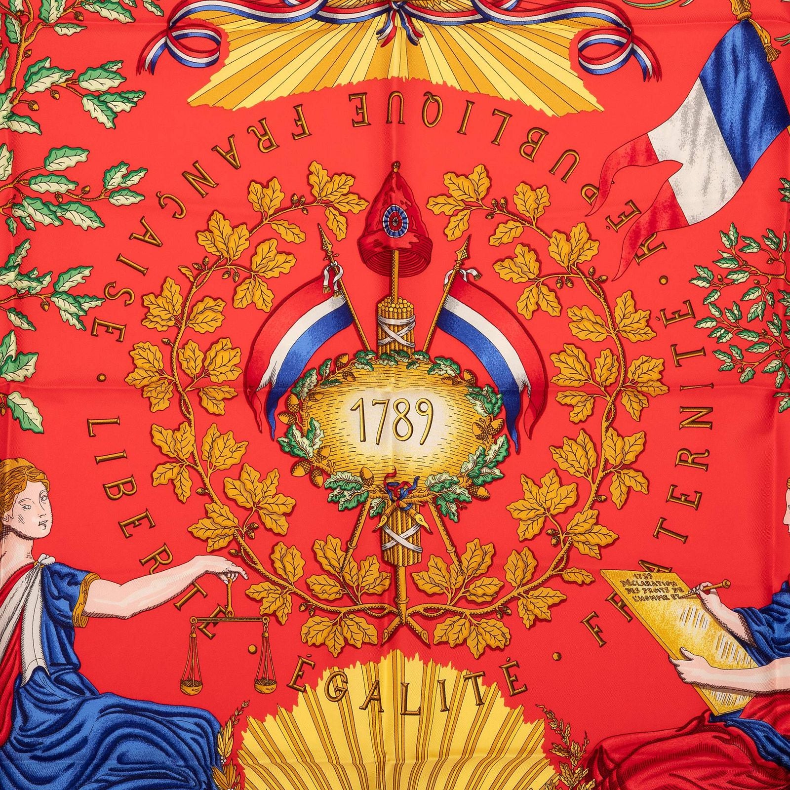 Hermes Scarf Blue Red 100% Gold Twill Silk — view 9