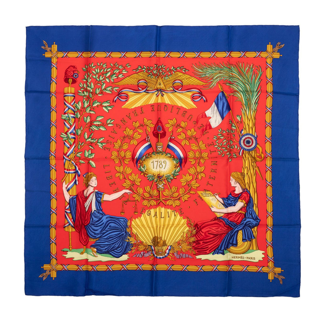 Hermes Scarf Blue Red 100% Gold Twill Silk — view 2