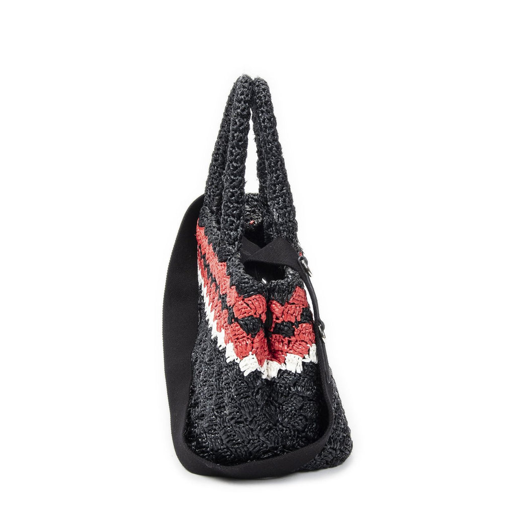 Prada Canapa Small Tote Black Red Raffia Crochet Canvasa — view 4