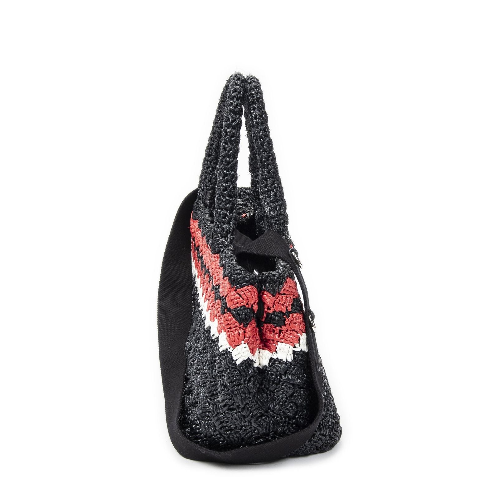 Prada Canapa Small Tote Black Red Raffia Crochet Canvasa — view 4