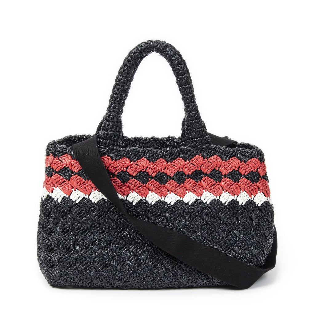 Prada Canapa Small Tote Black Red Raffia Crochet Canvasa — view 5