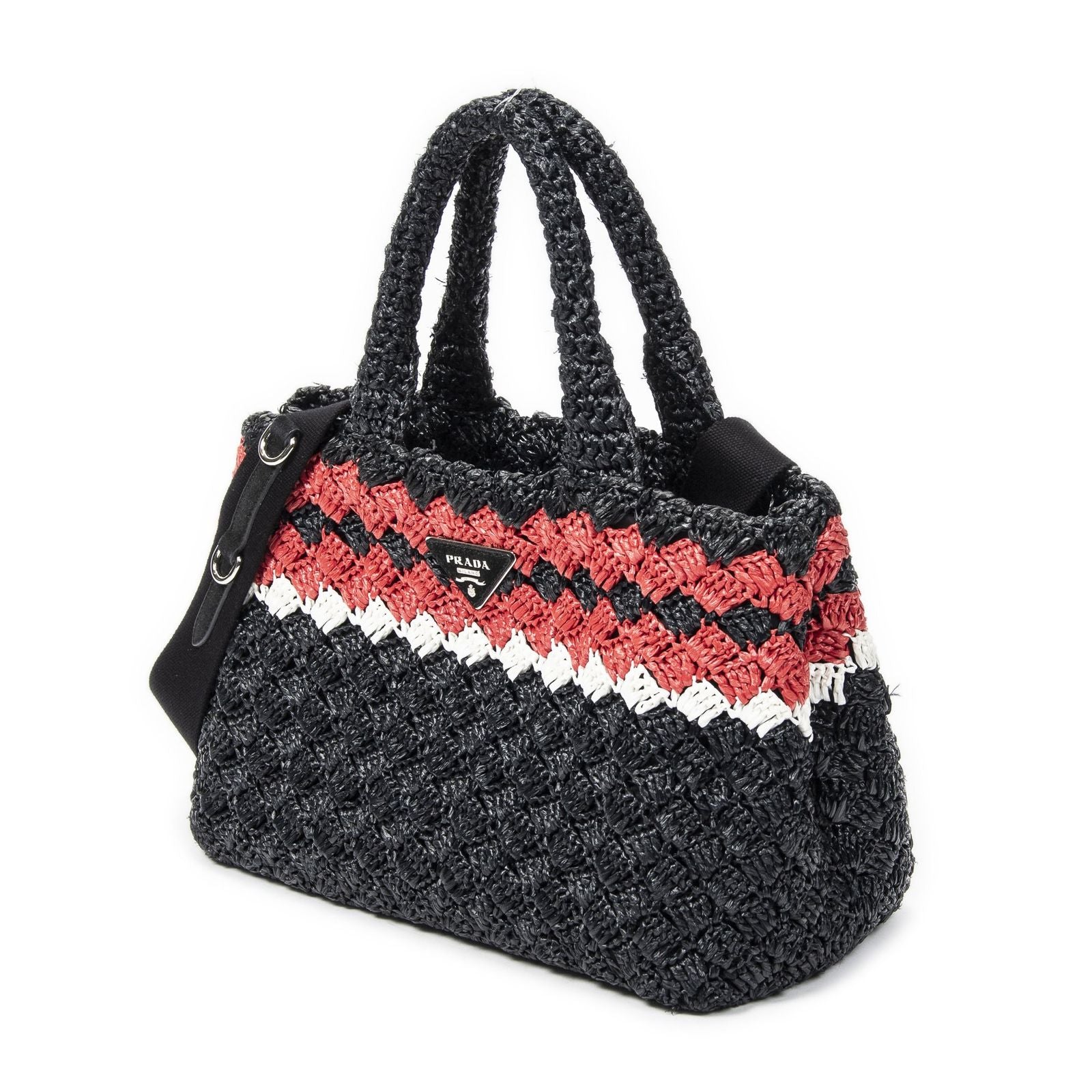 Prada Canapa Small Tote Black Red Raffia Crochet Canvasa — view 2