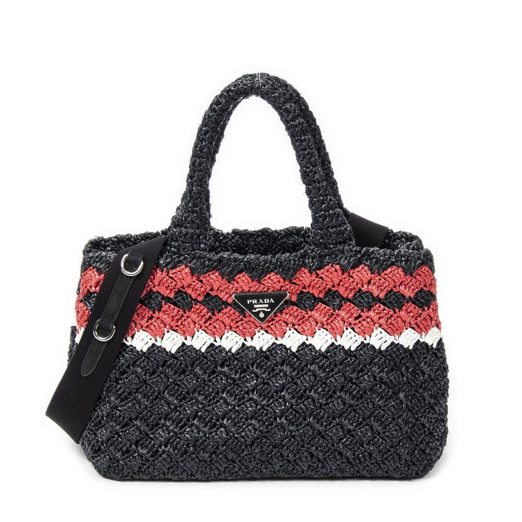 Prada Canapa Small Tote Black Red Raffia Crochet Canvasa
