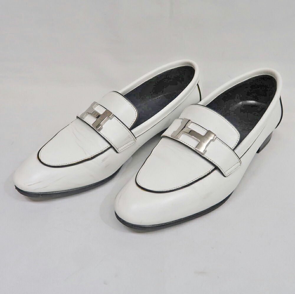 Hermes Moccasins Paris 37 White Leather Silver Shoes — view 2