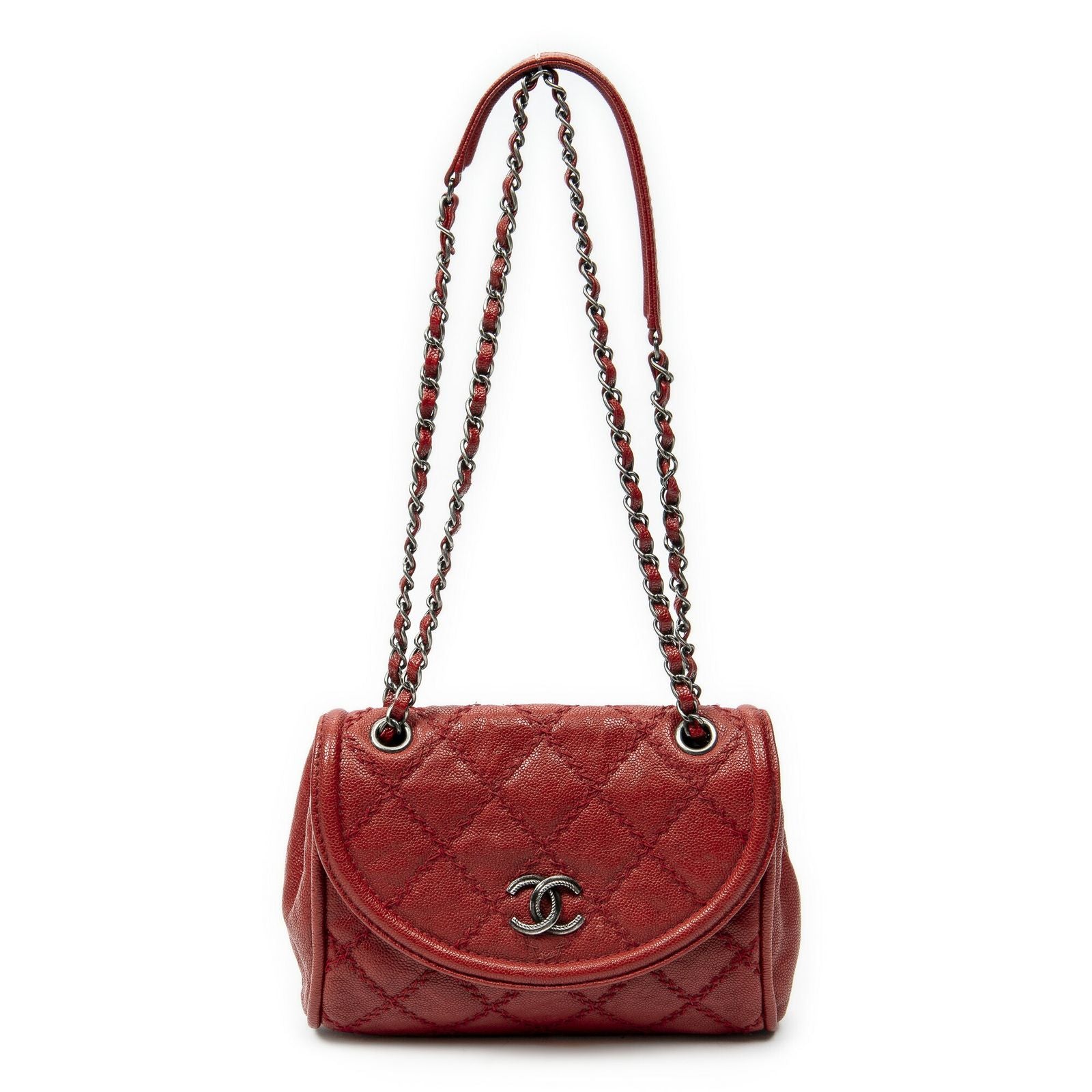 Chanel CC Ultimate Stitch Chain Round Flap Red Quilted Caviar Leather