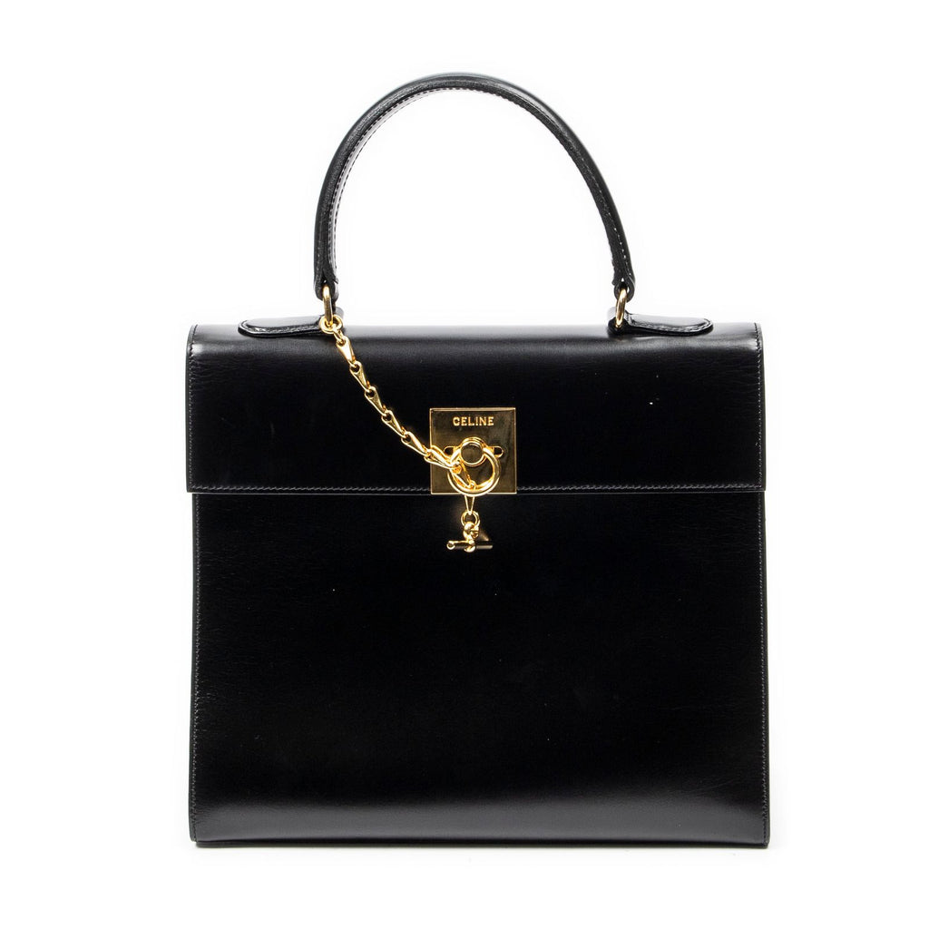 Celine Vintage Flap Top Handle Black Smooth Leather