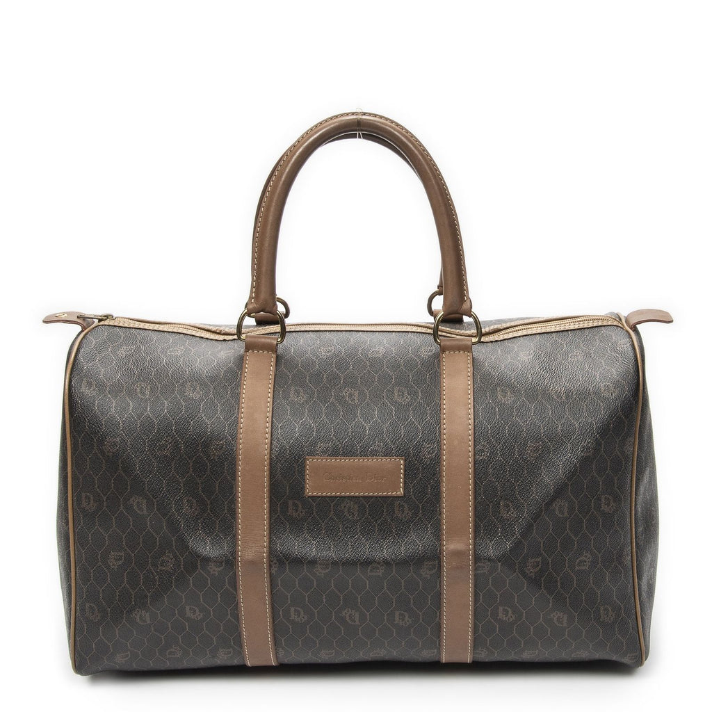 Dior Vintage Travel Boston Dark Gray Brown Honeycomb Canvas Shoulder