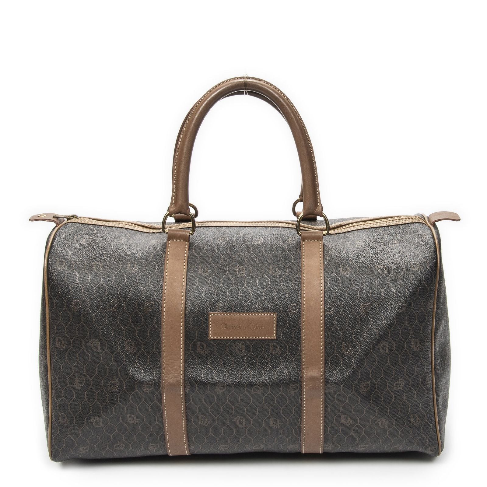 Dior Vintage Travel Boston Dark Gray Brown Honeycomb Canvas Shoulder