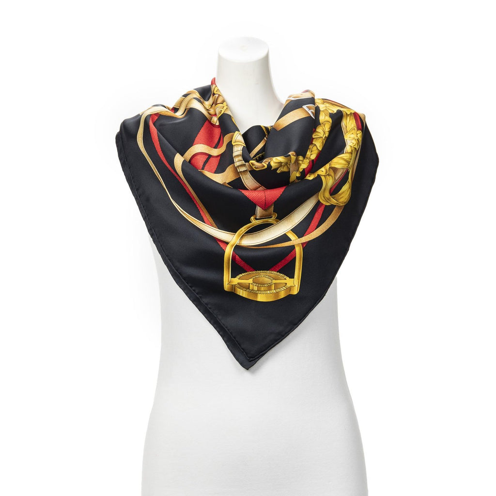 Hermes Scarf Black Red 100% Gold Twill Silk
