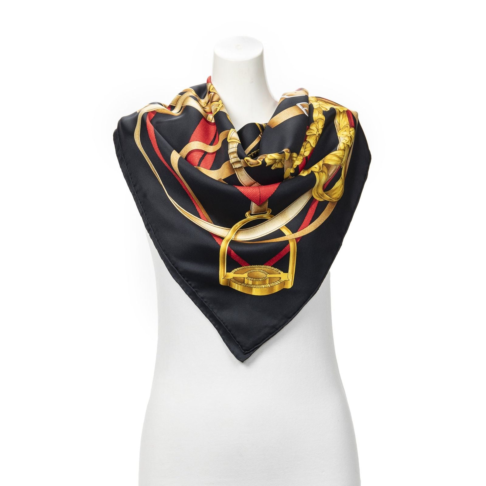 Hermes Scarf Black Red 100% Gold Twill Silk