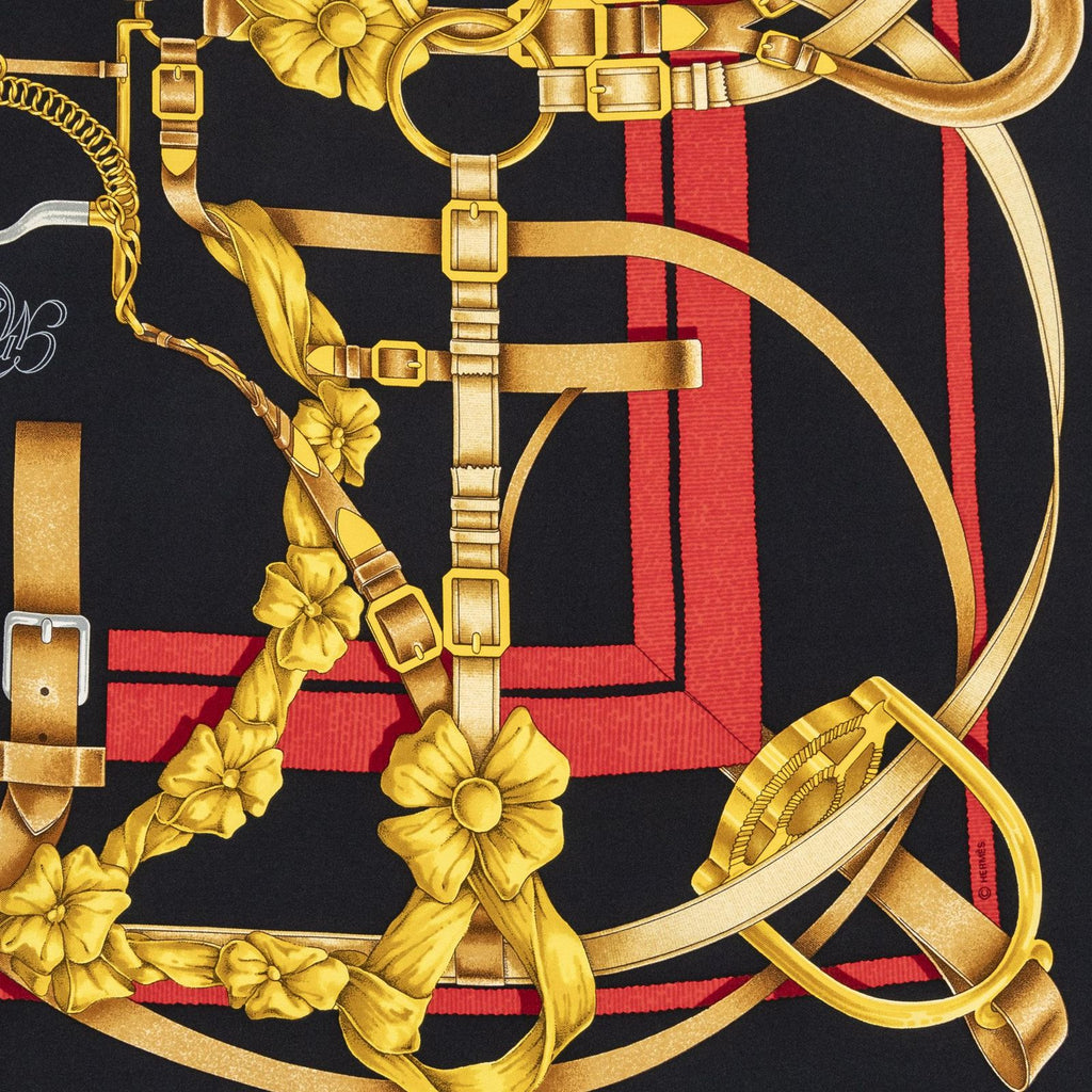 Hermes Scarf Black Red 100% Gold Twill Silk — view 9