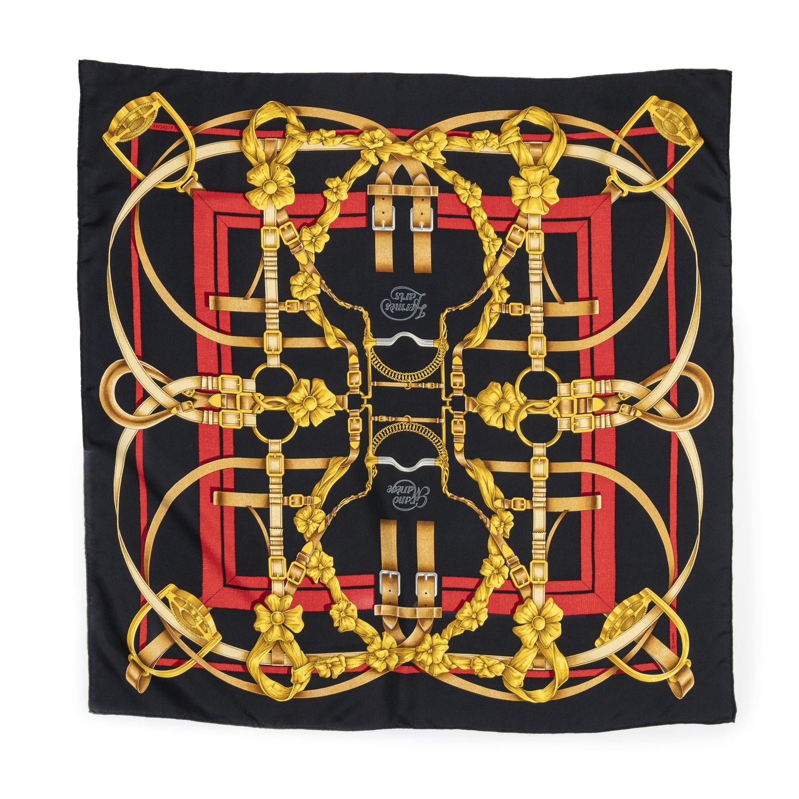 Hermes Scarf Black Red 100% Gold Twill Silk — view 2