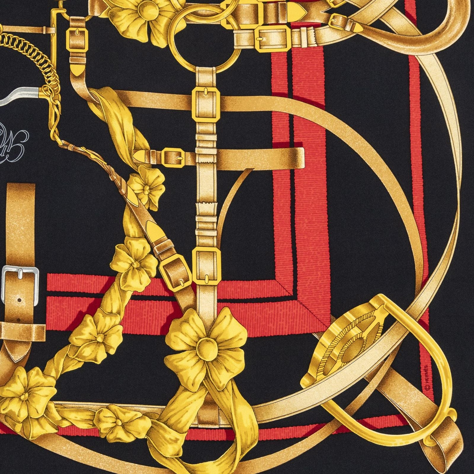 Hermes Scarf Black Red 100% Gold Twill Silk — view 4