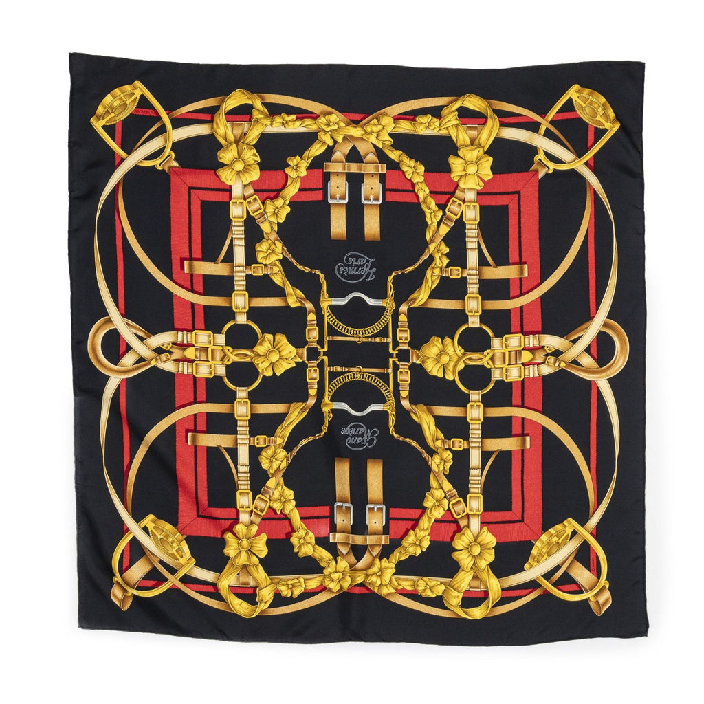 Hermes Scarf Black Red 100% Gold Twill Silk — view 7