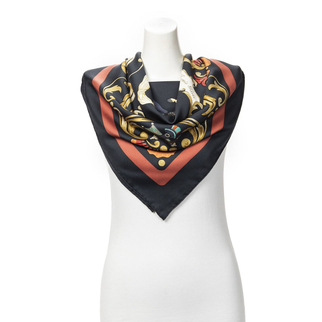 Hermes Scarf Black Red 100% Gold Twill Silk