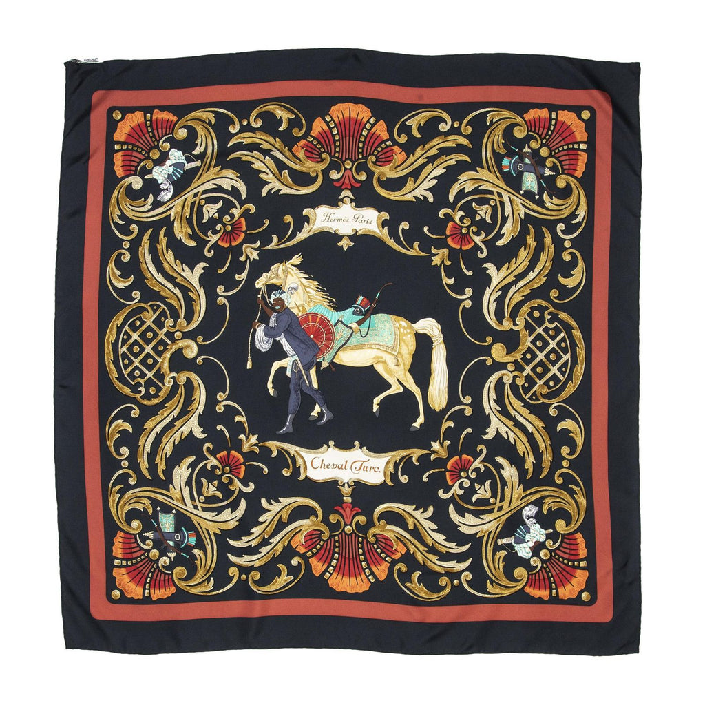 Hermes Scarf Black Red 100% Gold Twill Silk — view 7
