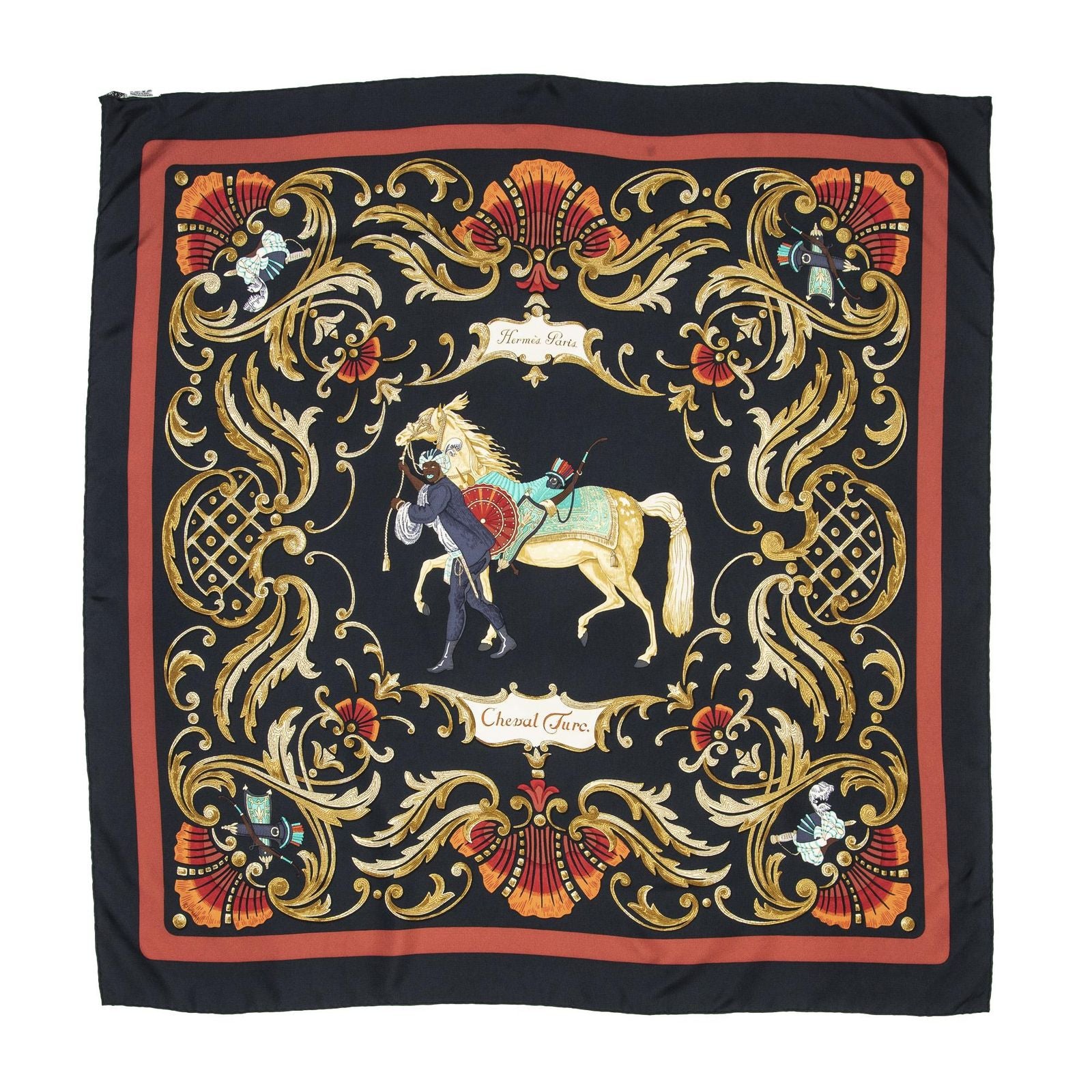 Hermes Scarf Black Red 100% Gold Twill Silk — view 7