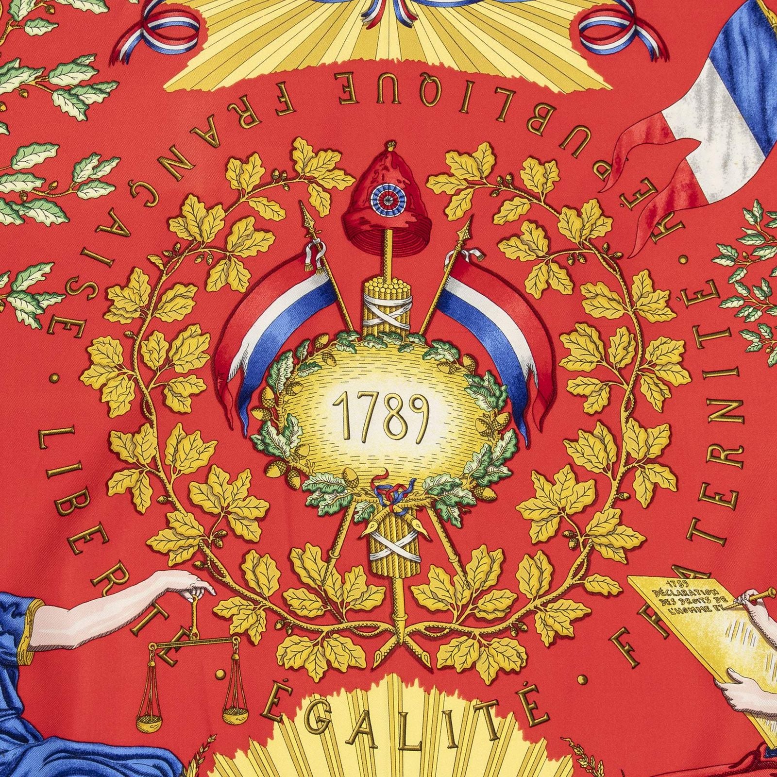 Hermes Scarf Blue Red 100% Gold Twill Silk — view 8