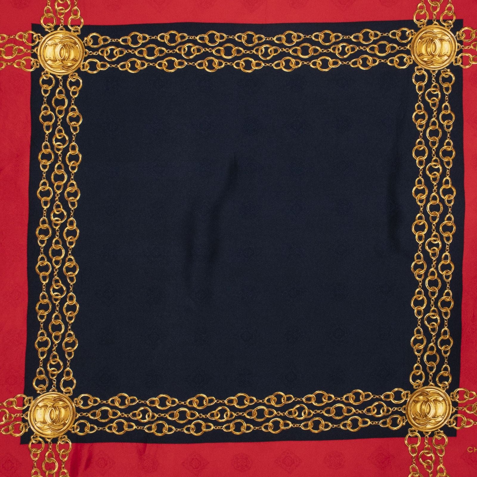 Chanel Scarf Red Navy 100% Gold Jacquard Silk — view 8