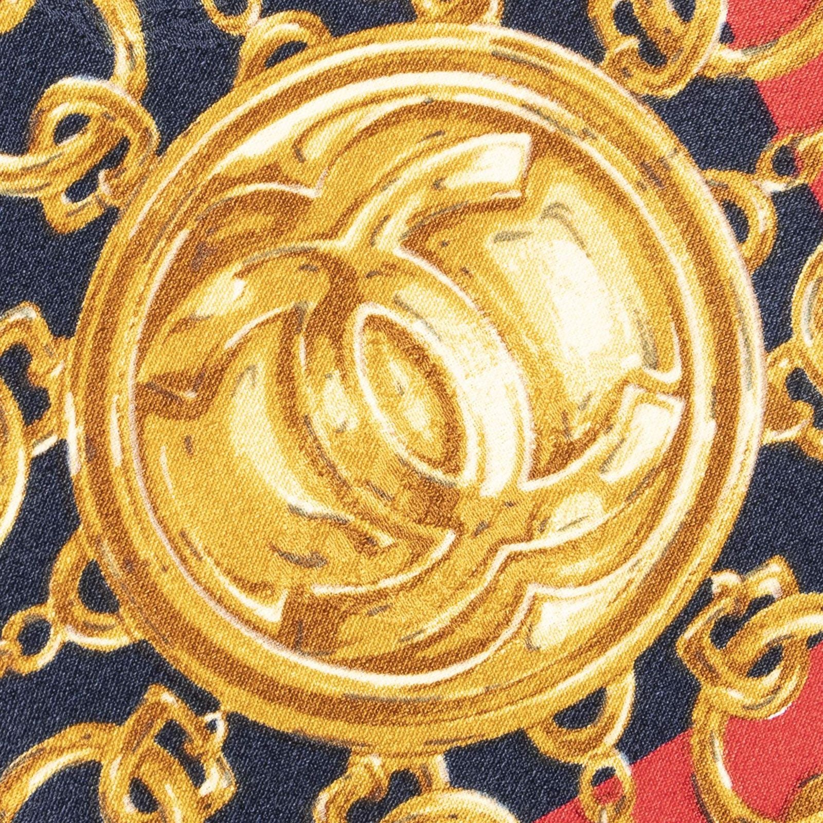 Chanel Scarf Red Navy 100% Gold Jacquard Silk — view 9