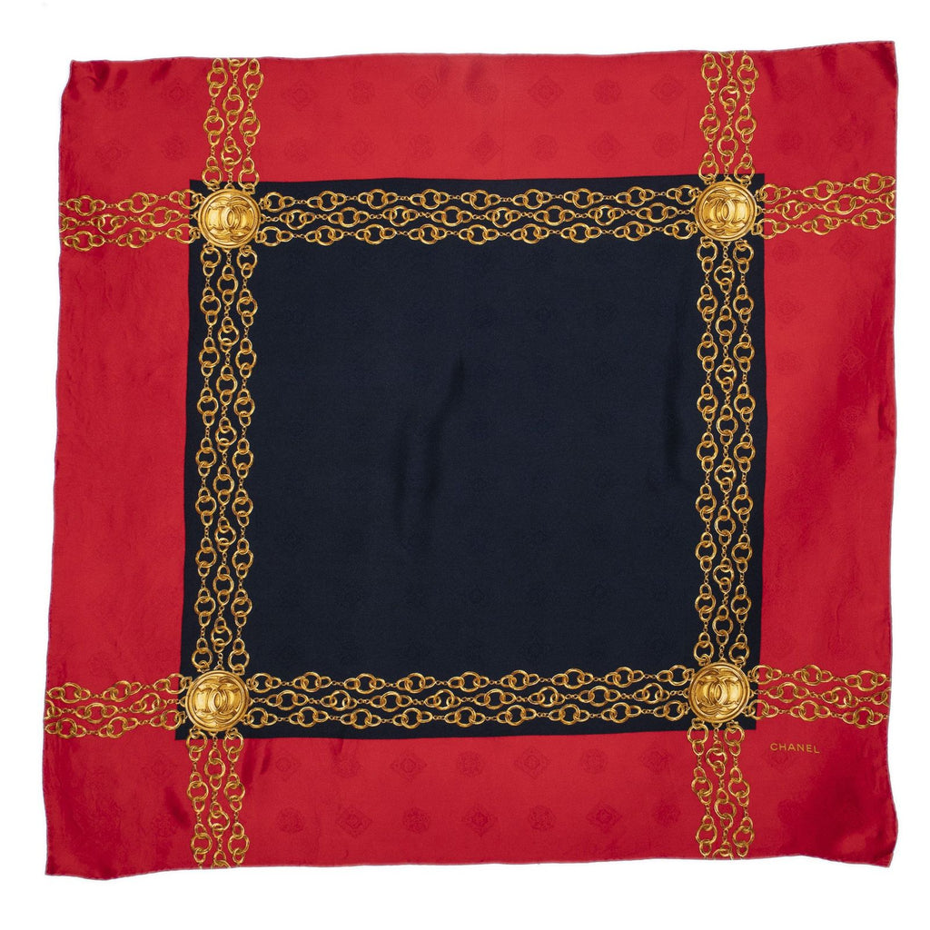Chanel Scarf Red Navy 100% Gold Jacquard Silk — view 7
