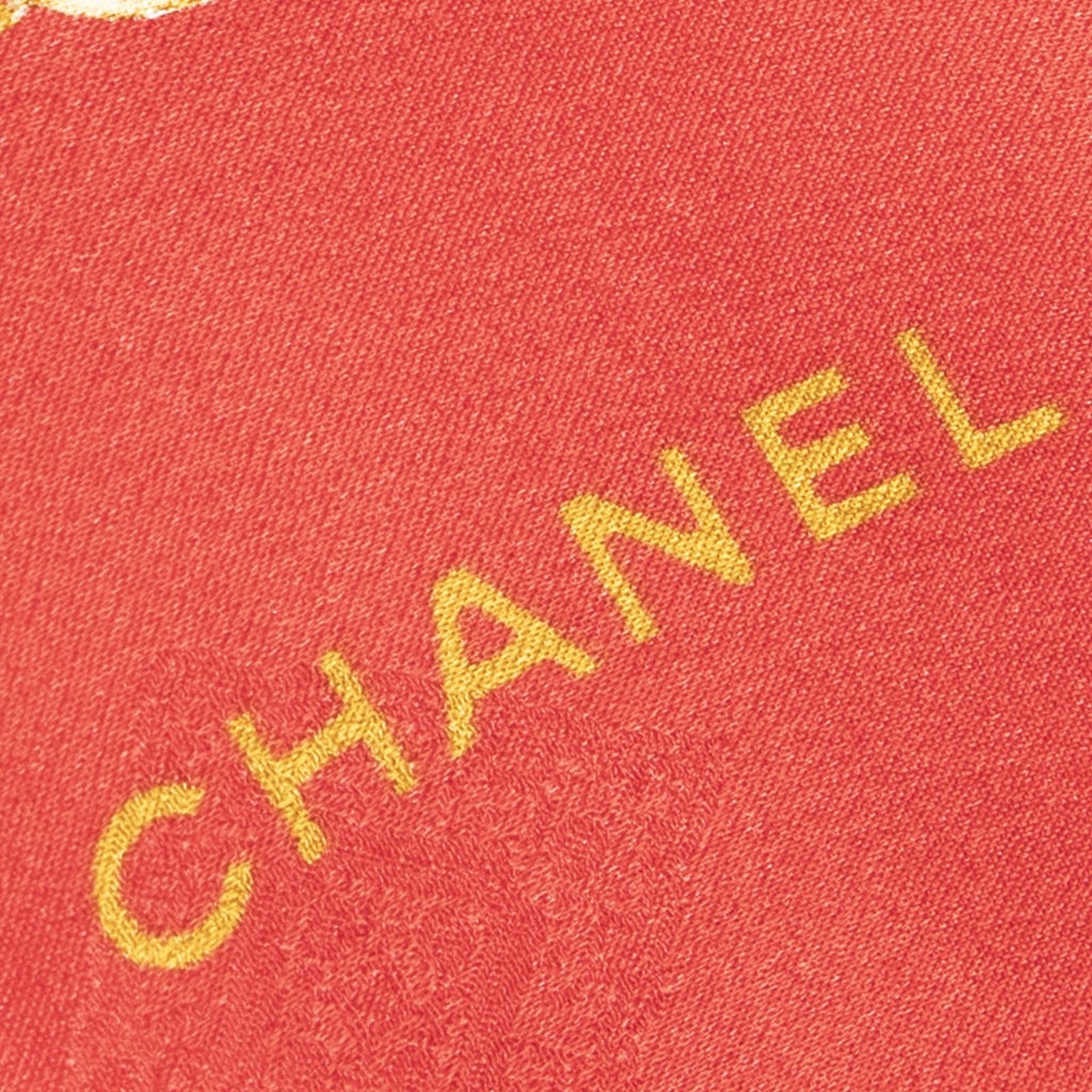 Chanel Scarf Red Navy 100% Gold Jacquard Silk — view 5