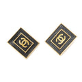 Chanel CC Logo Square Clip Type Earrings Black Gold Plated