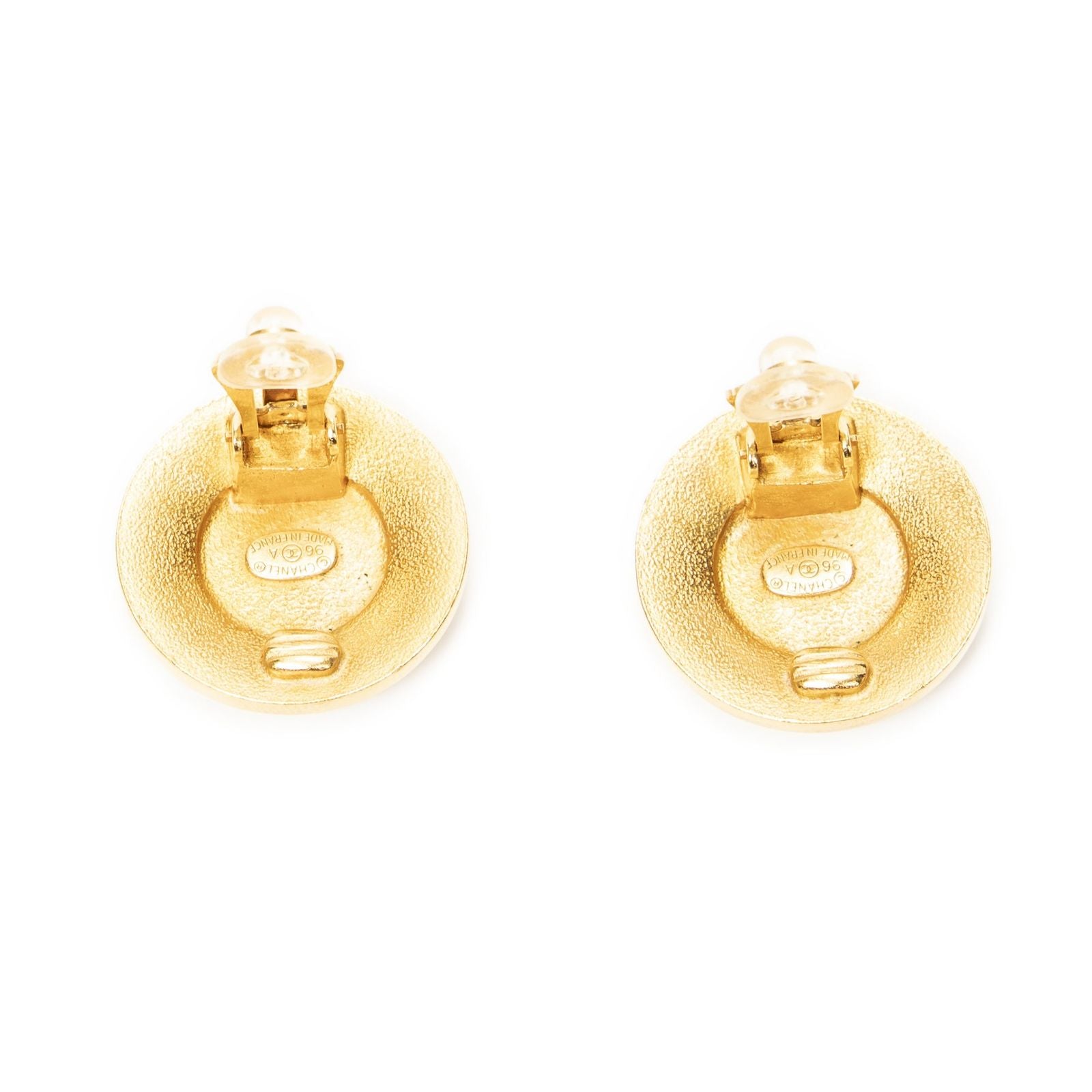 Chanel Large CC Round Clip on Earrings Black Ivory Gold Plated — view 3