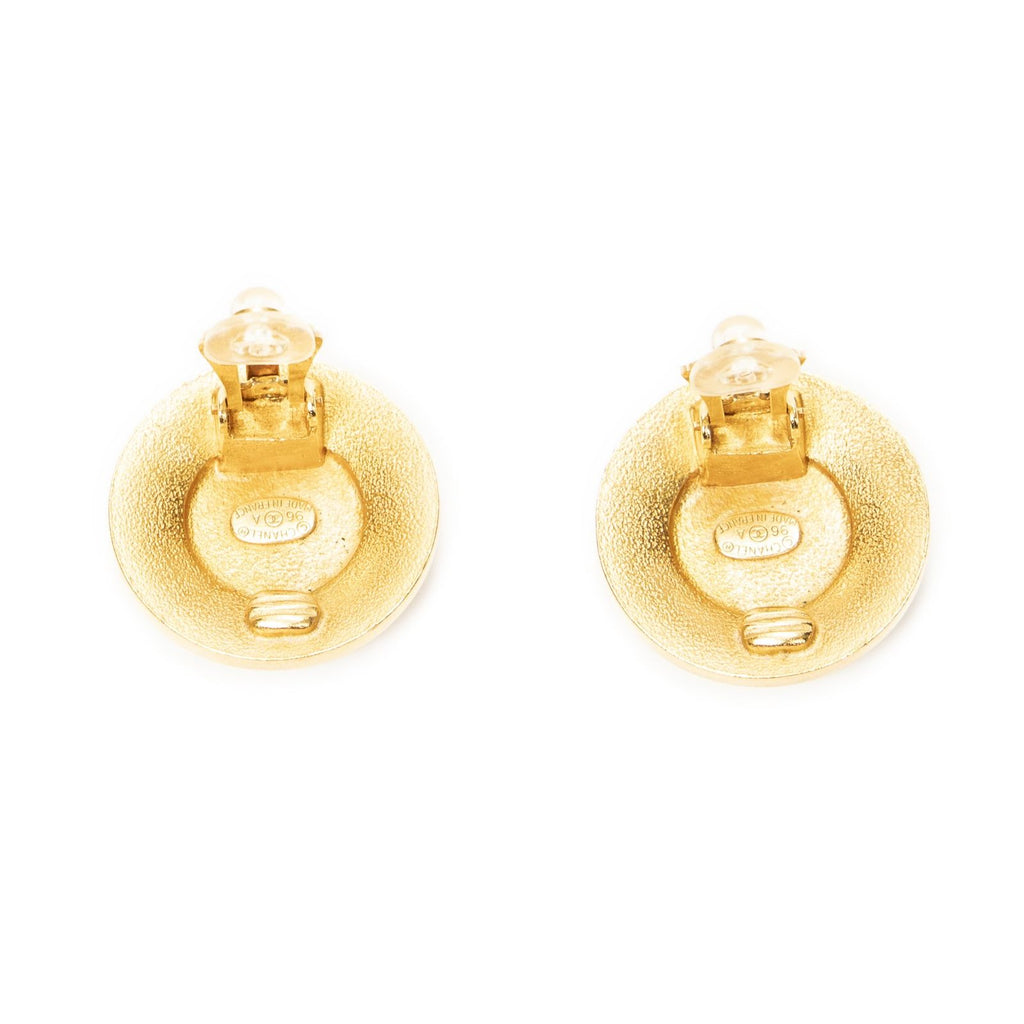 Chanel Large CC Round Clip on Earrings Black Ivory Gold Plated — view 6