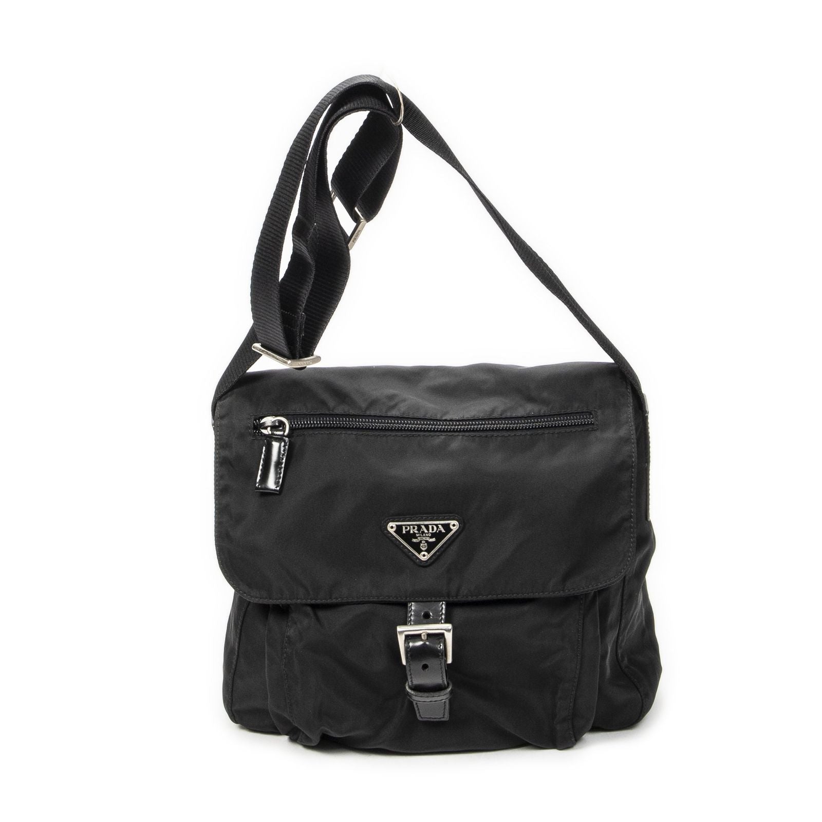 Prada Small Buckle Flap Crossbody Black Nylon Canvas