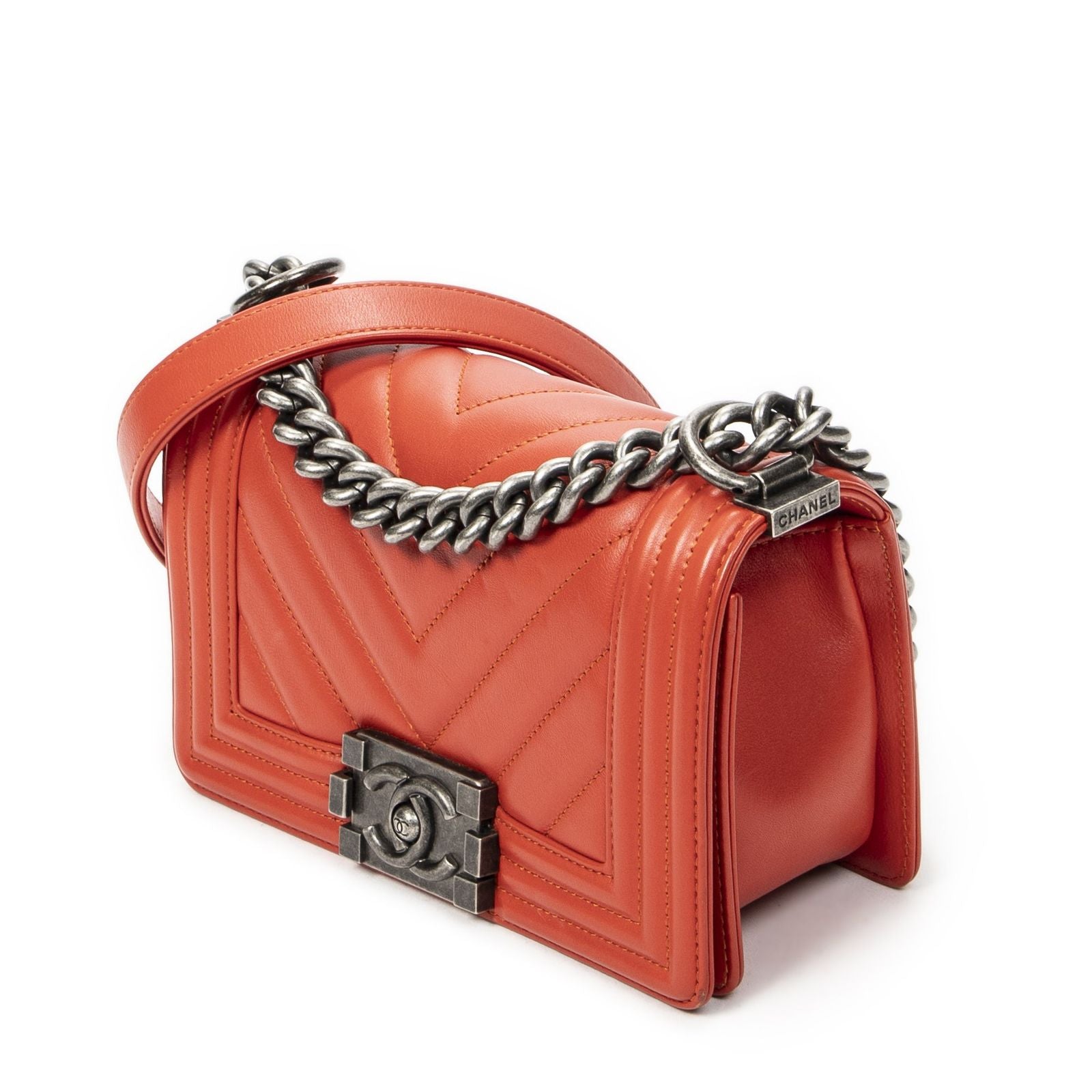 Chanel Small Boy Bag Orange Quilted Blanc Lambskin Leather — view 2