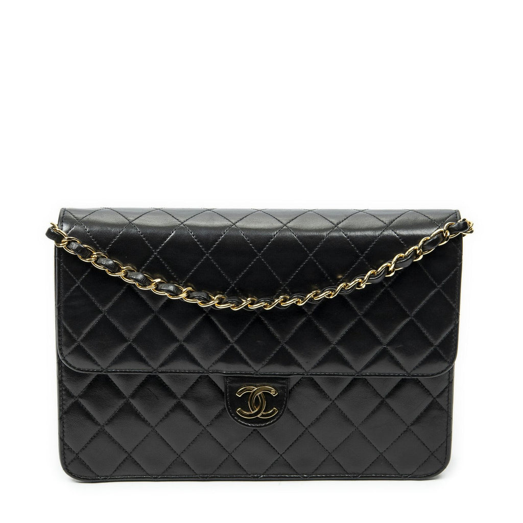 Chanel Vintage Pushlock Straight Flap Black Quilted Lambskin Leather