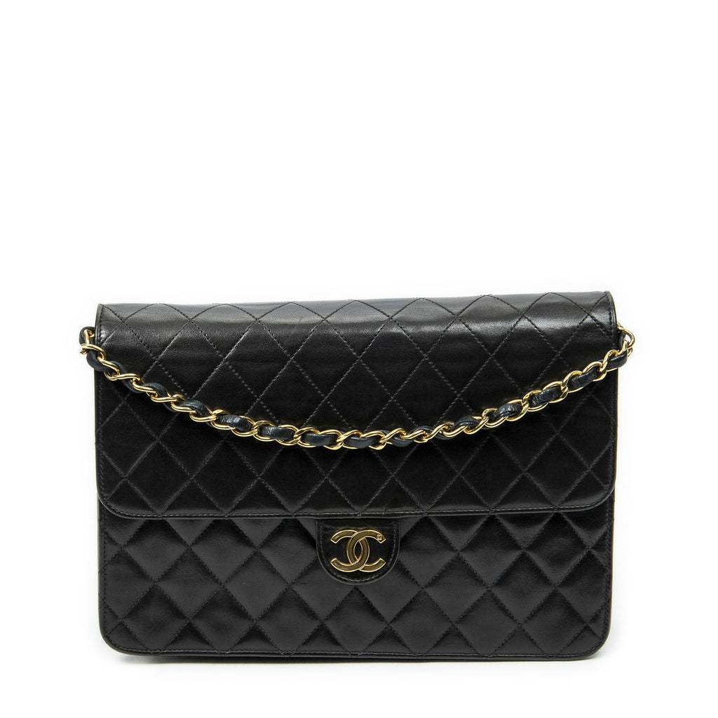 Chanel Vintage Pushlock Straight Flap Black Quilted Lambskin Leather