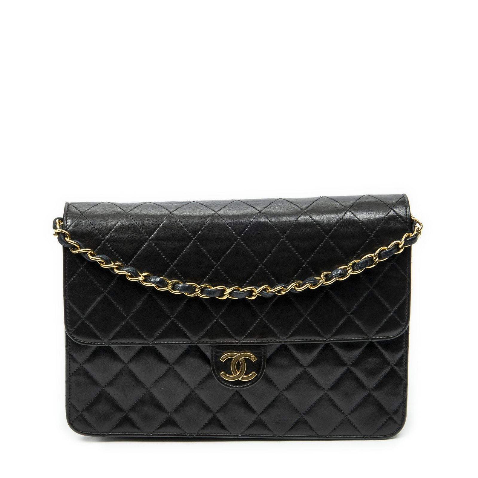 Chanel Vintage Pushlock Straight Flap Black Quilted Lambskin Leather