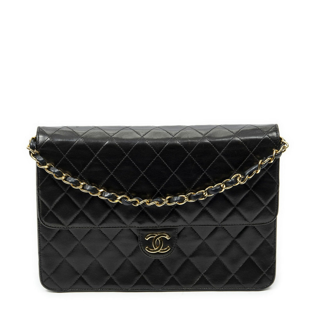 Chanel Vintage Pushlock Straight Flap Black Quilted Lambskin Leather