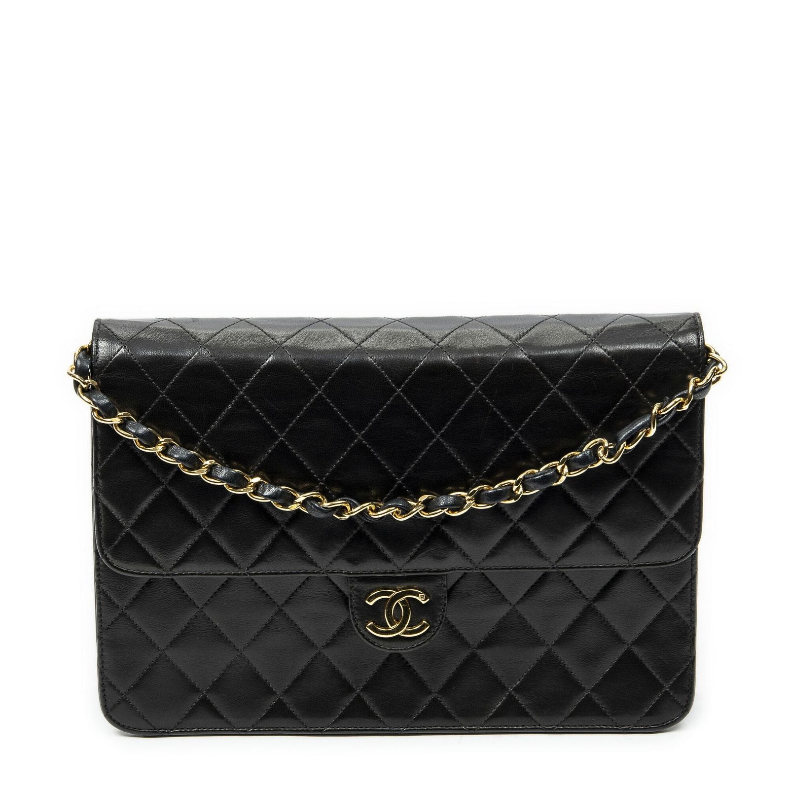 Chanel Vintage Pushlock Straight Flap Black Quilted Lambskin Leather