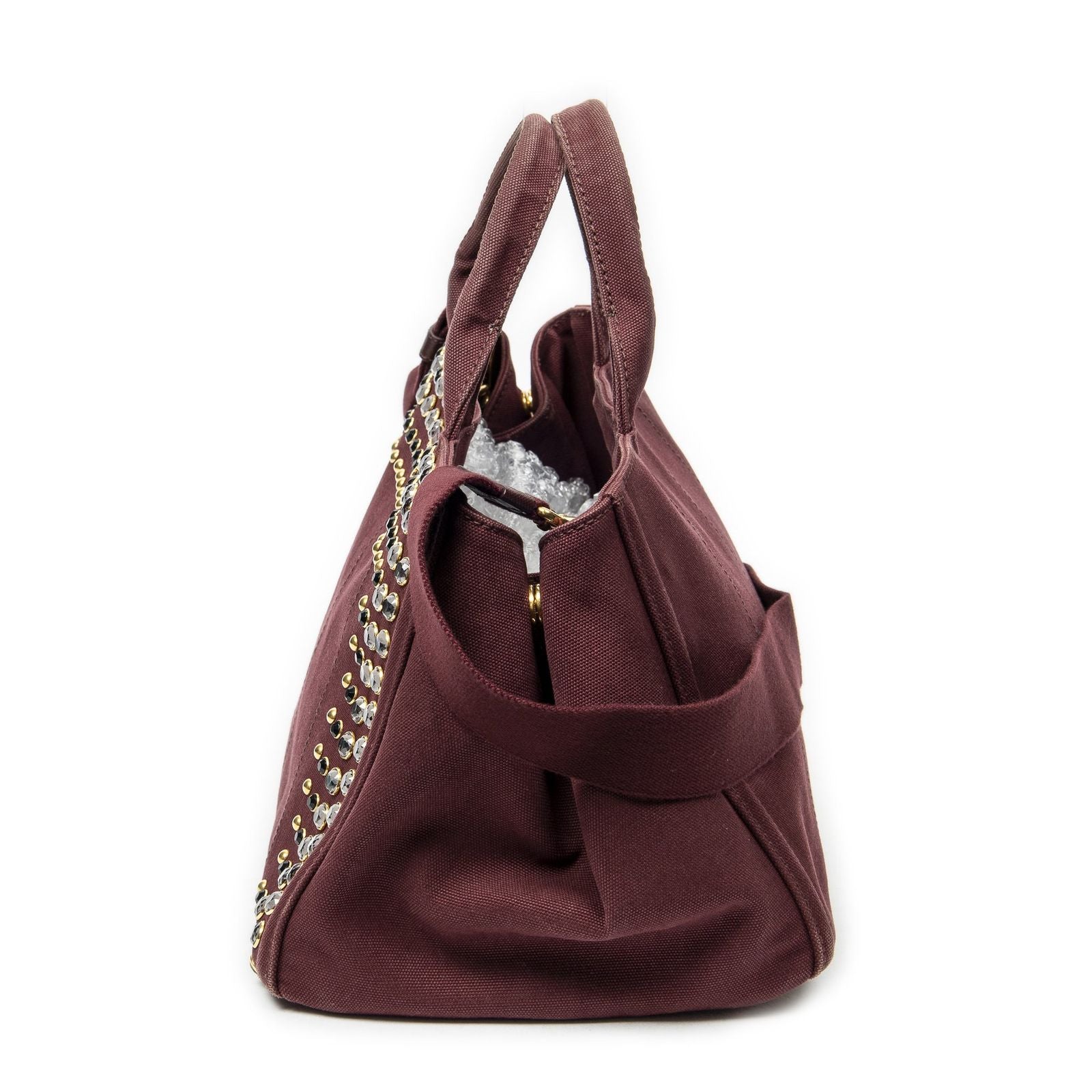 Prada Large Rhinestone Canapa Tote Burgundy Studded Canvas — view 3