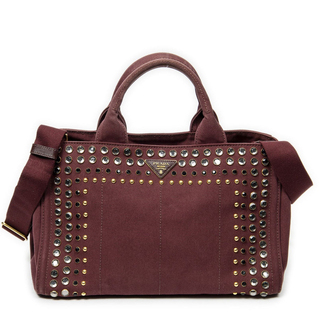 Prada Large Rhinestone Canapa Tote Burgundy Studded Canvas